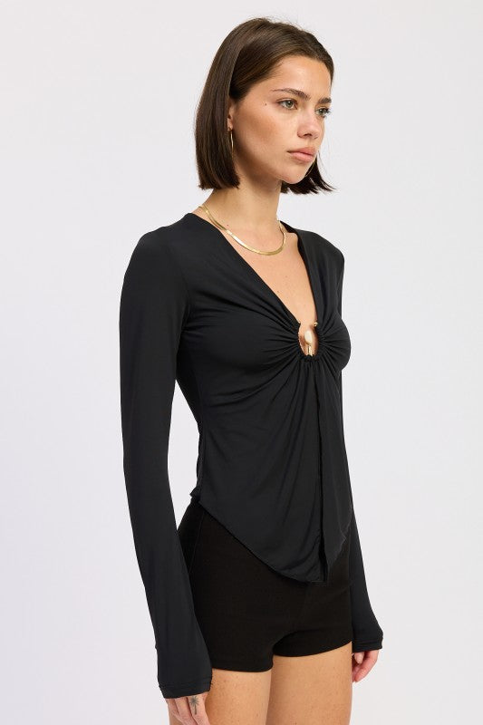 Long Sleeve Front Ring Ruched Top
