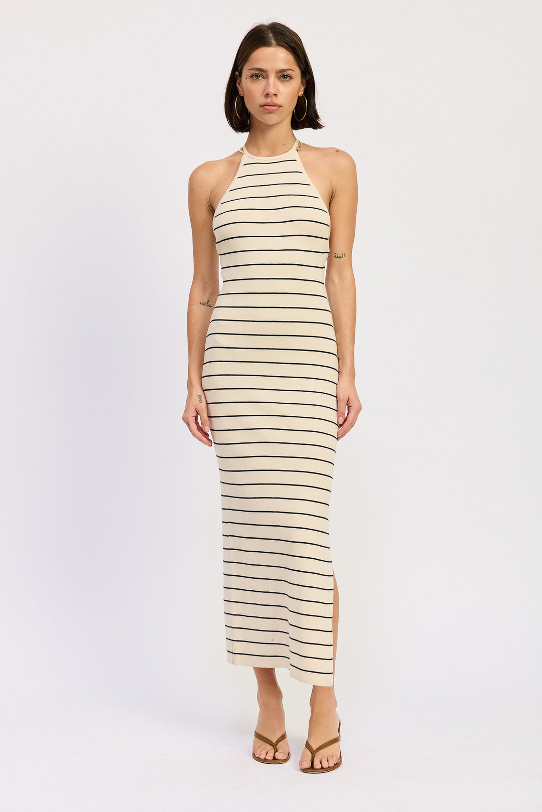 Ivory Black Stripe Open Back Midi Halter Striped Dress