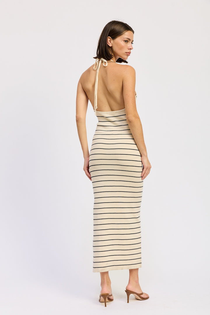 Open Back Midi Halter Striped Dress