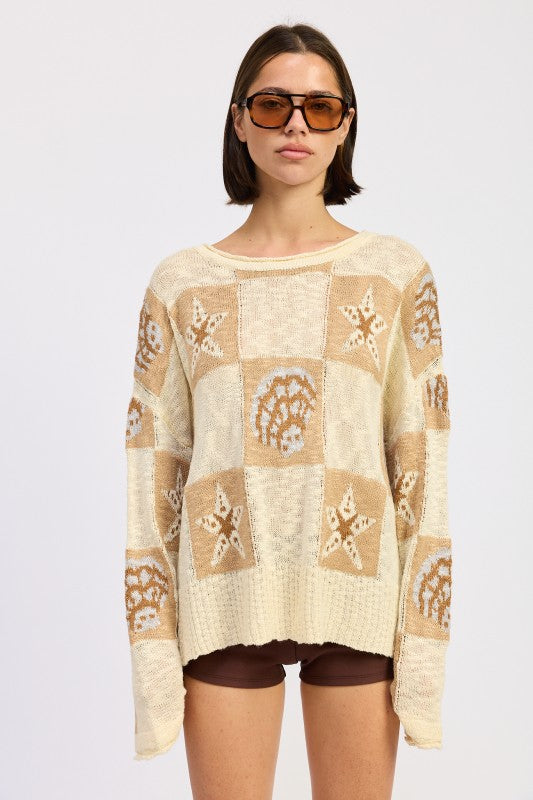 Cream Taupe Loose Fit Graphic Long Sleeve Sweater