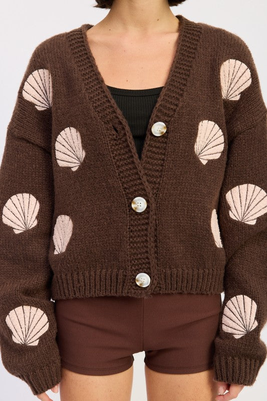 Mocha Pink V Neck Button Front Applique Cardigan