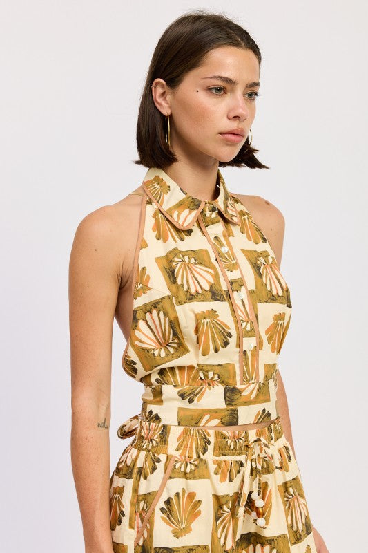 High Collared Backless Halter Top