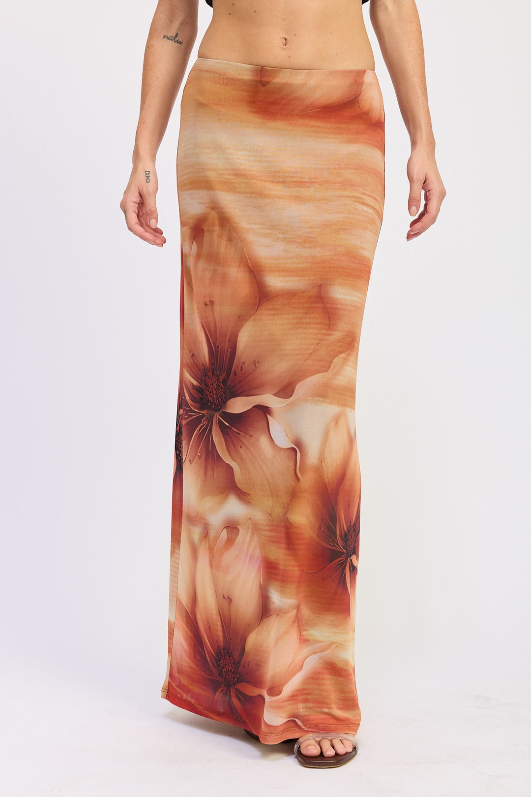 Light Terra Cota Floral Maxi Mesh Skirt