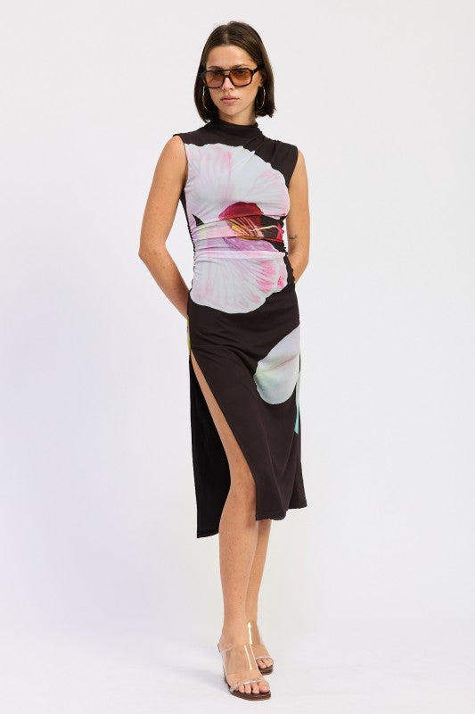 Black Floral Floral Mesh Midi Sleeveless Dress