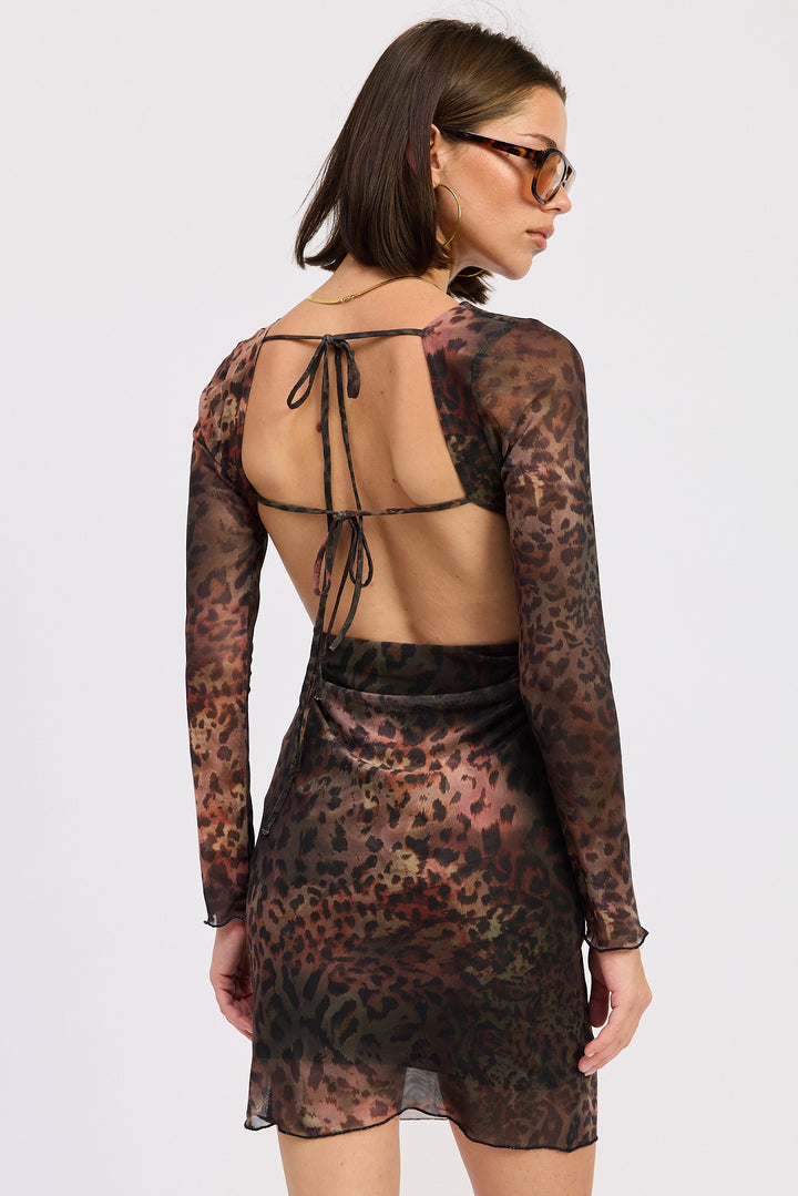 Mini Open Back Mesh Animal Print Dress