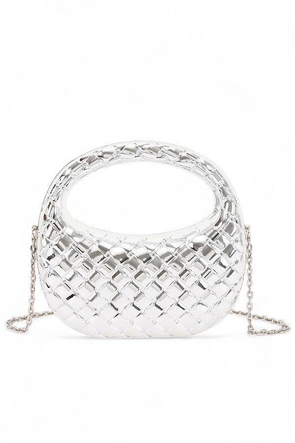 Silver Weaved Textured Metallic Top Handle Acrylic Clutch