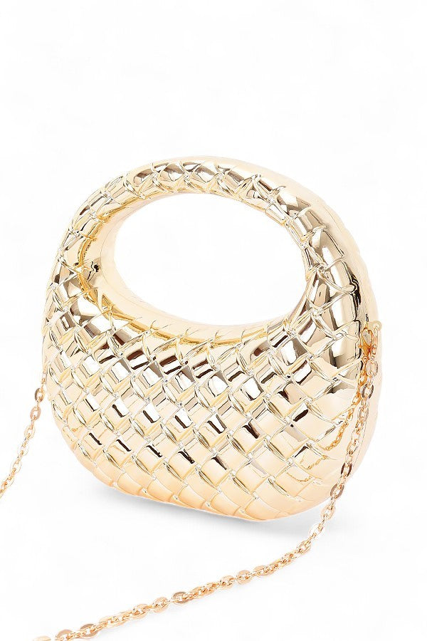 Weaved Textured Metallic Top Handle Acrylic Clutch