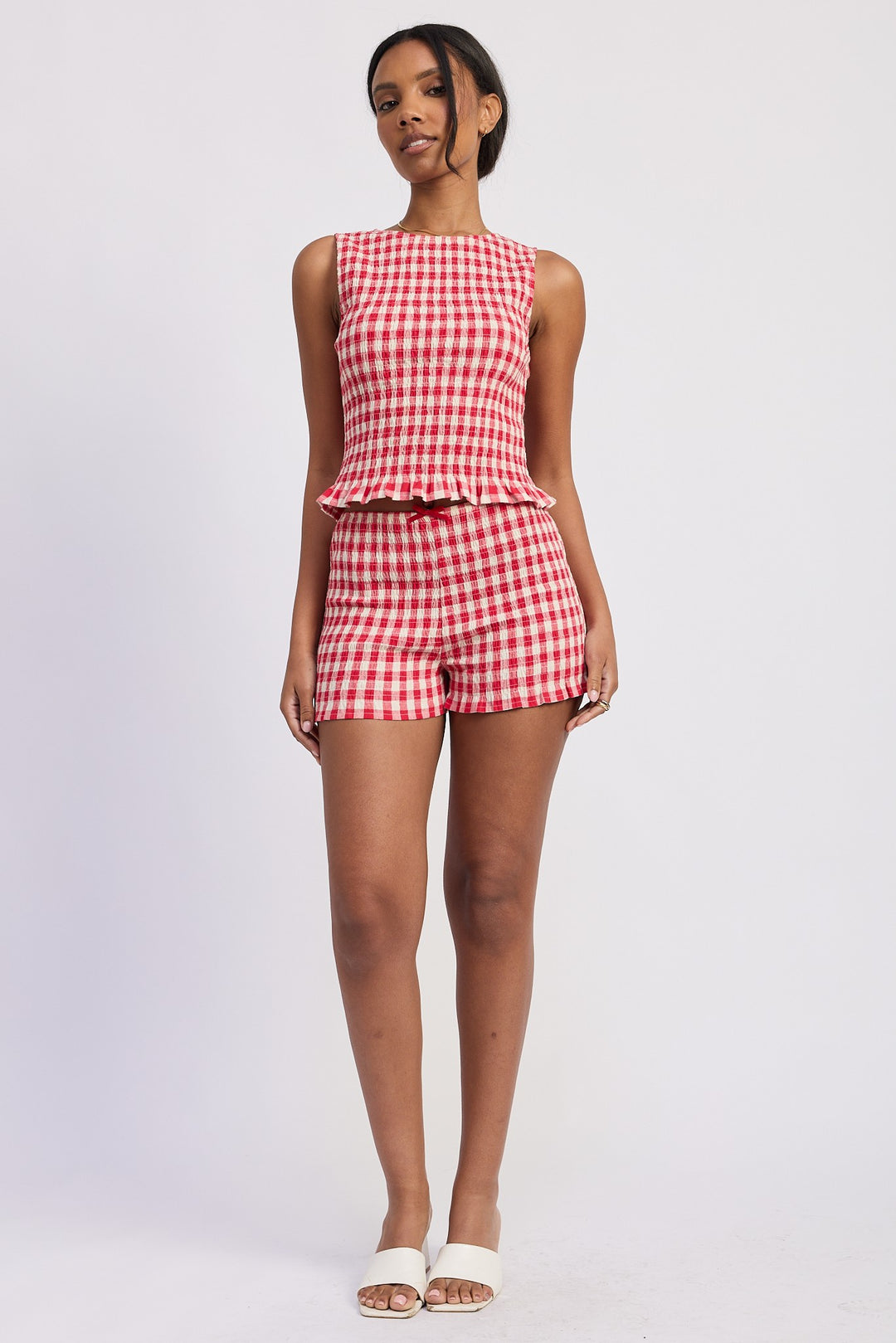 Red Gingham Lettuce Hem Smocked Shorts