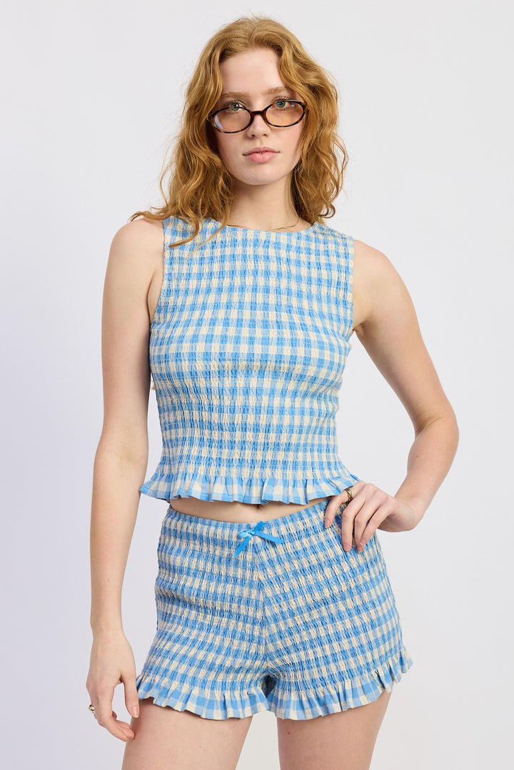 Blue Gingham Lettuce Hem Smocked Shorts