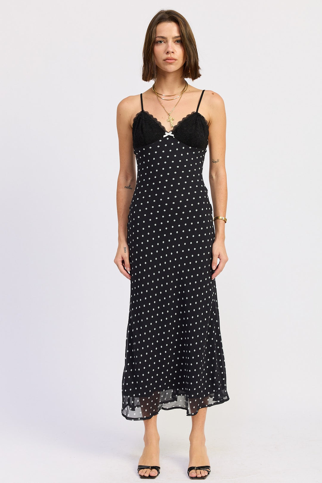 Black Polka Dot Midi Spaghetti Strap Dress With Lace Detail