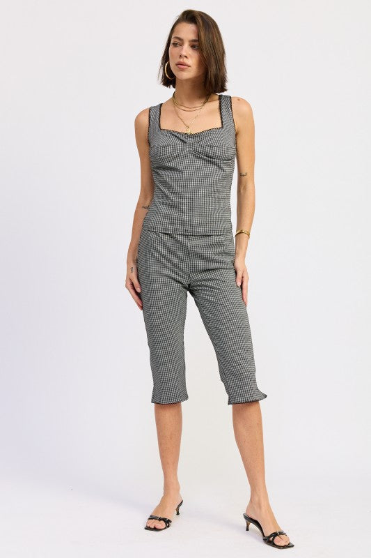 Black Gingham Gingham Capri Pants With Lace Trim