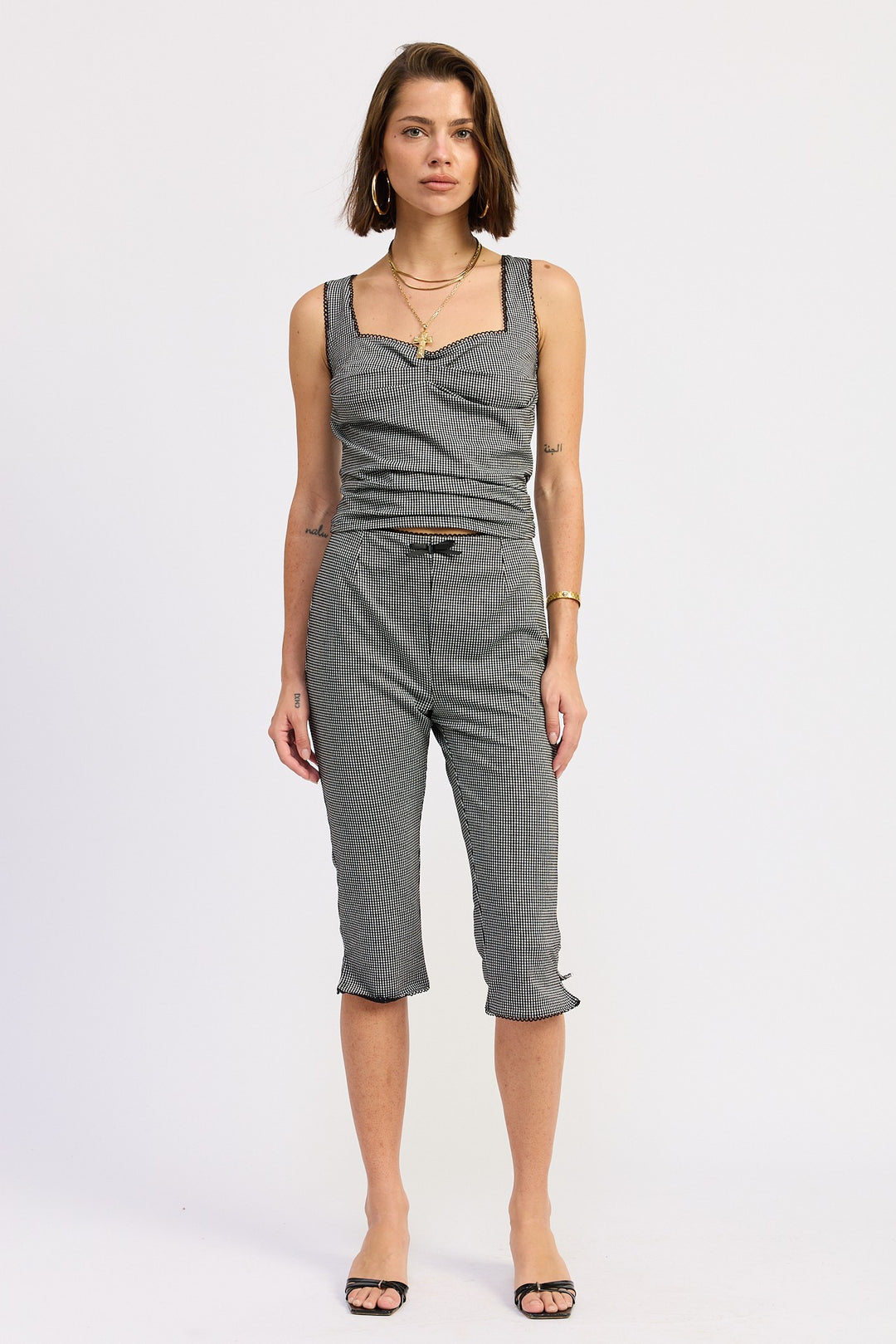 Gingham Capri Pants With Lace Trim