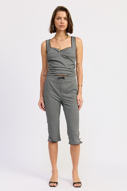 Gingham Capri Pants With Lace Trim