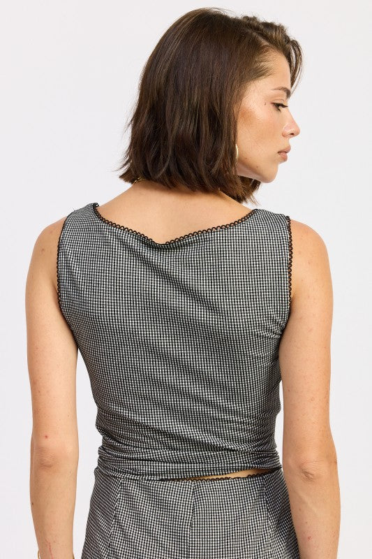 Sleeveless Gingham Tank Top With Lace Trim