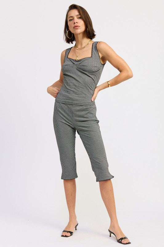 Sleeveless Gingham Tank Top With Lace Trim