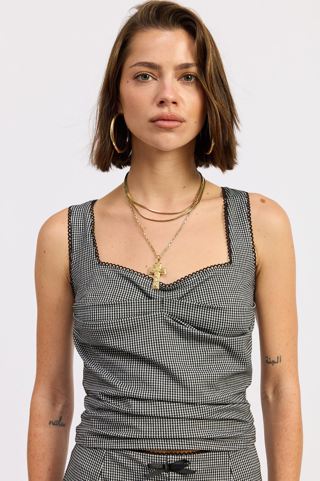 Sleeveless Gingham Tank Top With Lace Trim