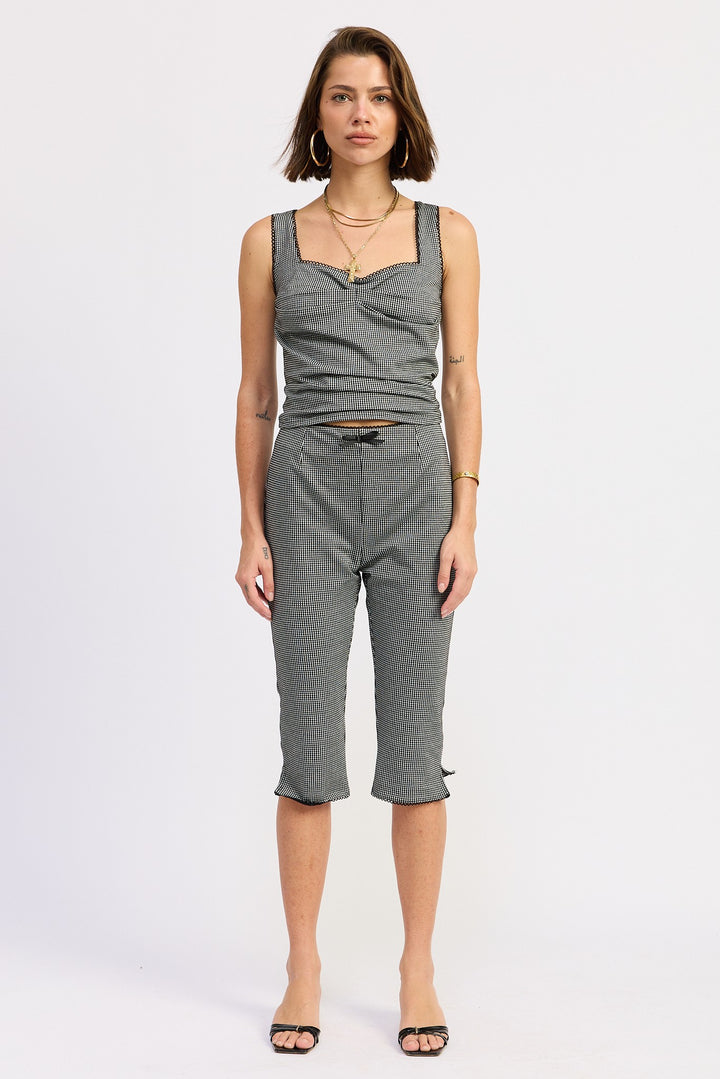 Sleeveless Gingham Tank Top With Lace Trim