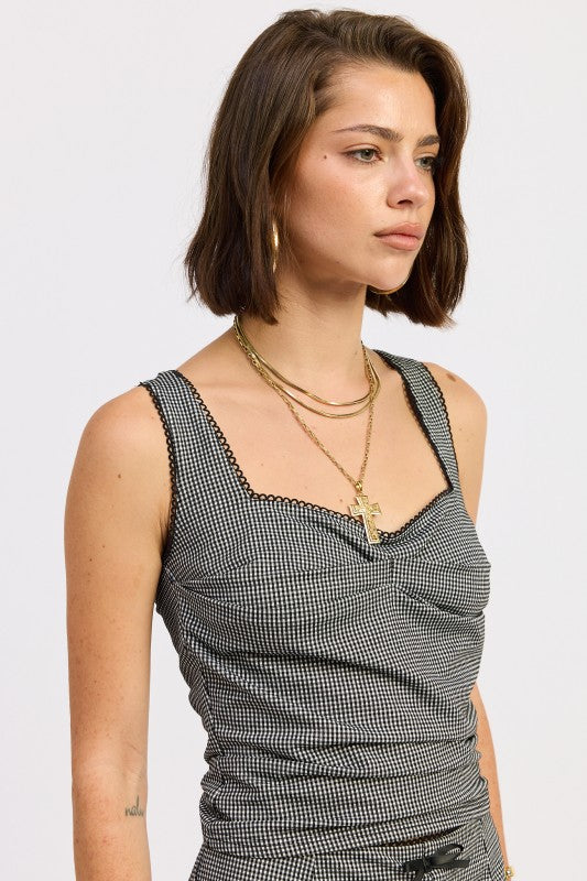 Sleeveless Gingham Tank Top With Lace Trim