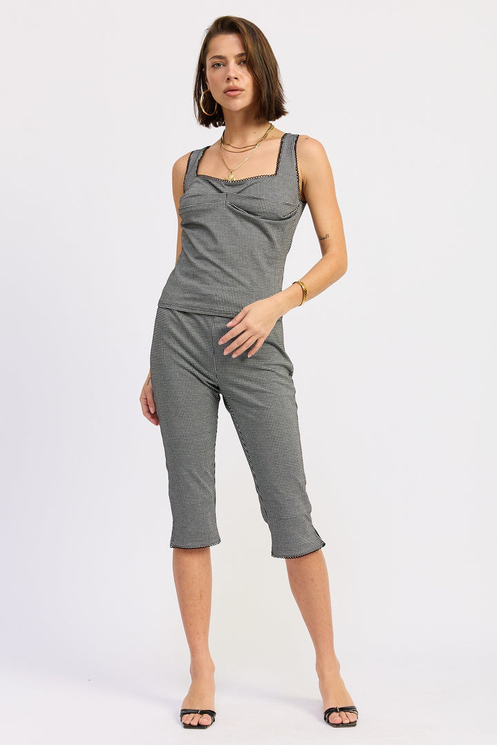 Sleeveless Gingham Tank Top With Lace Trim