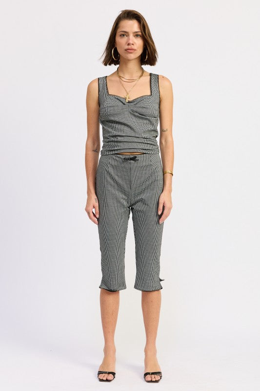 Sleeveless Gingham Tank Top With Lace Trim