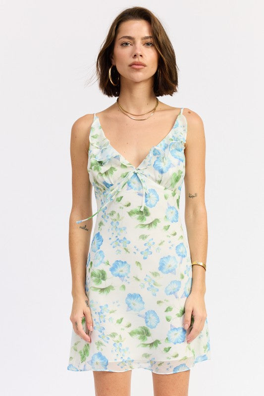 Blue Morning Floral V Neck Chiffon Mini Dress With Ruffle Detail