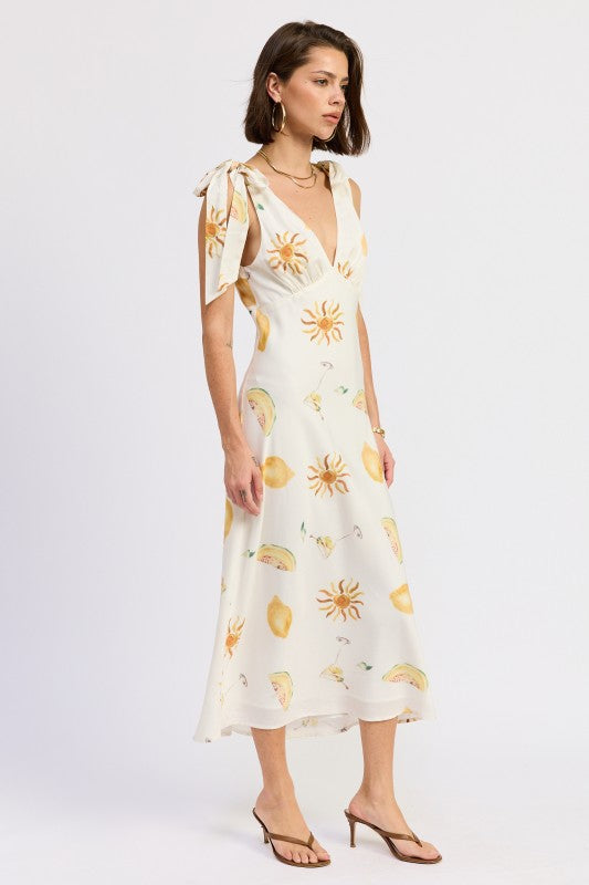 V Neck Midi Dress With Shoulder Bow Tie