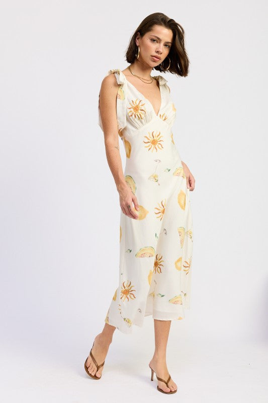 V Neck Midi Dress With Shoulder Bow Tie