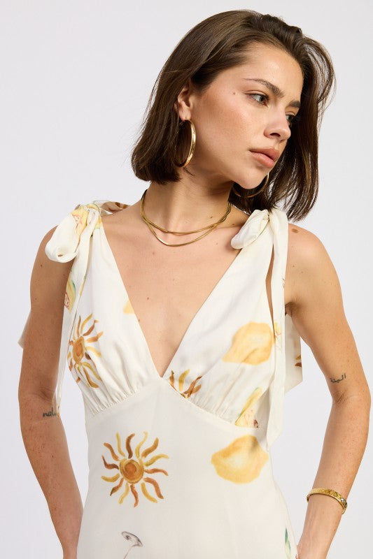 V Neck Midi Dress With Shoulder Bow Tie