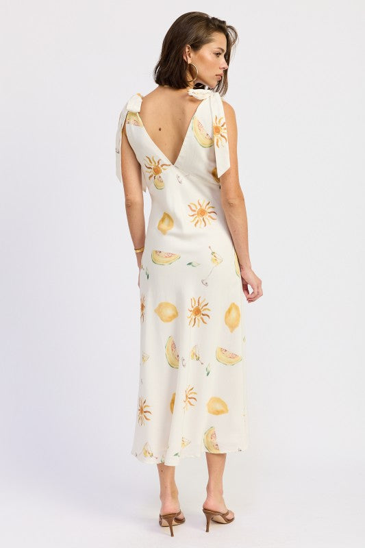 V Neck Midi Dress With Shoulder Bow Tie