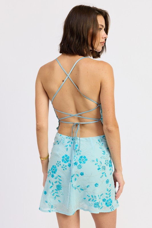 Spaghetti Strap Mini Dress With Rhinestones Detail