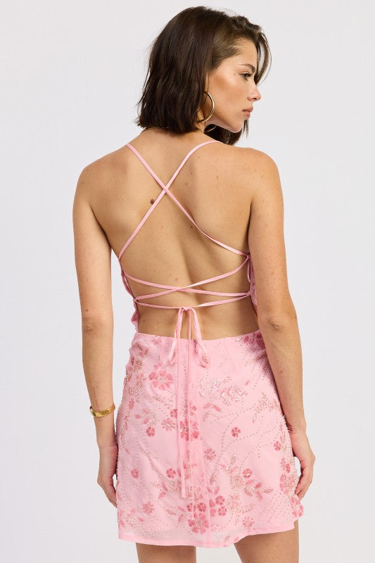 Spaghetti Strap Mini Dress With Rhinestones Detail