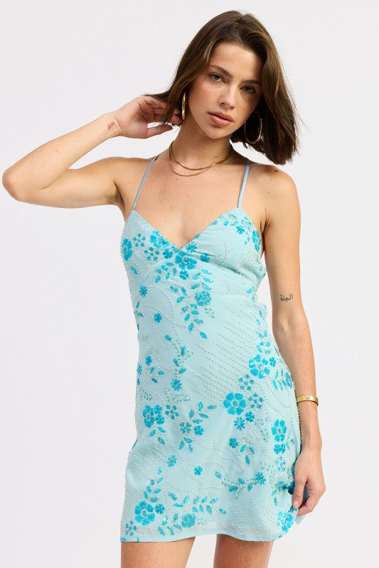 Spaghetti Strap Mini Dress With Rhinestones Detail