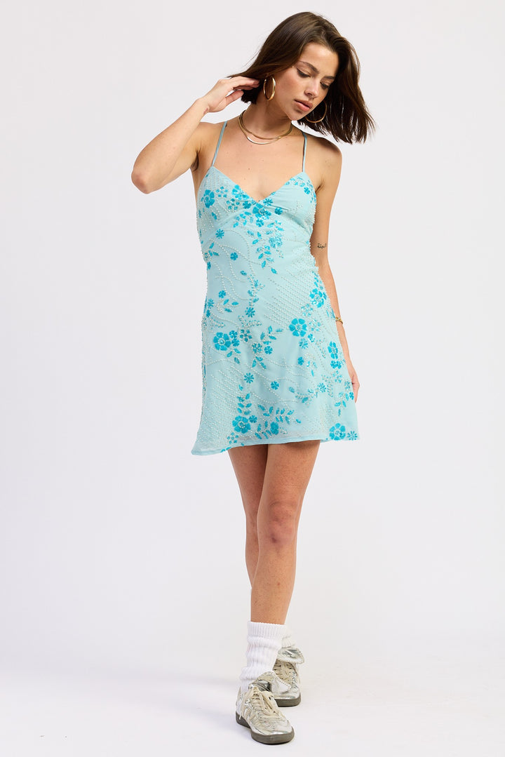 Spaghetti Strap Mini Dress With Rhinestones Detail