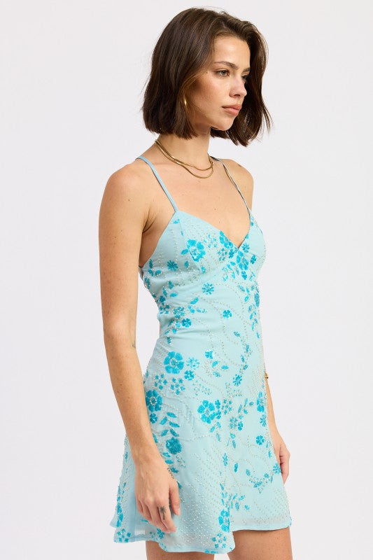 Spaghetti Strap Mini Dress With Rhinestones Detail