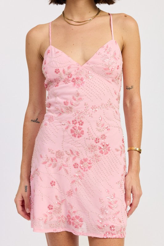 Spaghetti Strap Mini Dress With Rhinestones Detail