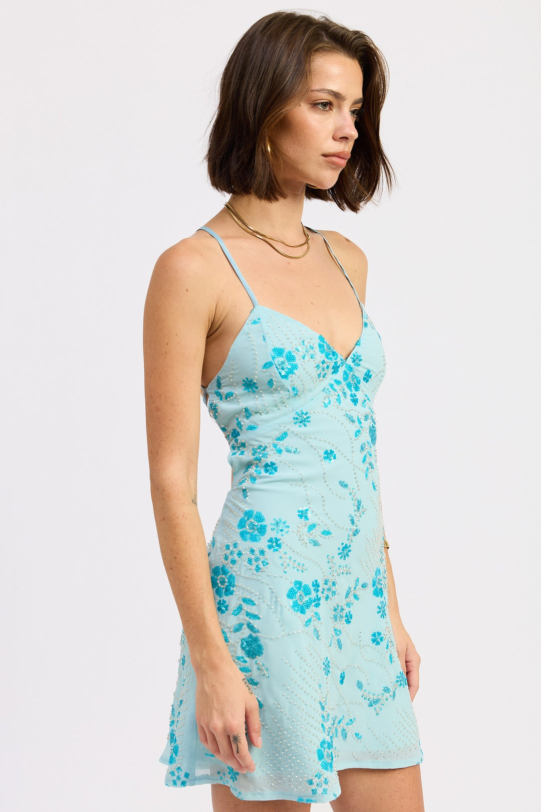 Spaghetti Strap Mini Dress With Rhinestones Detail