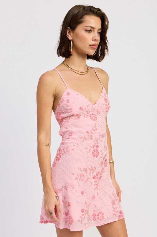 Spaghetti Strap Mini Dress With Rhinestones Detail