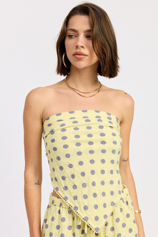 Butter Yellow Polka Scarf Top With Trim Detail