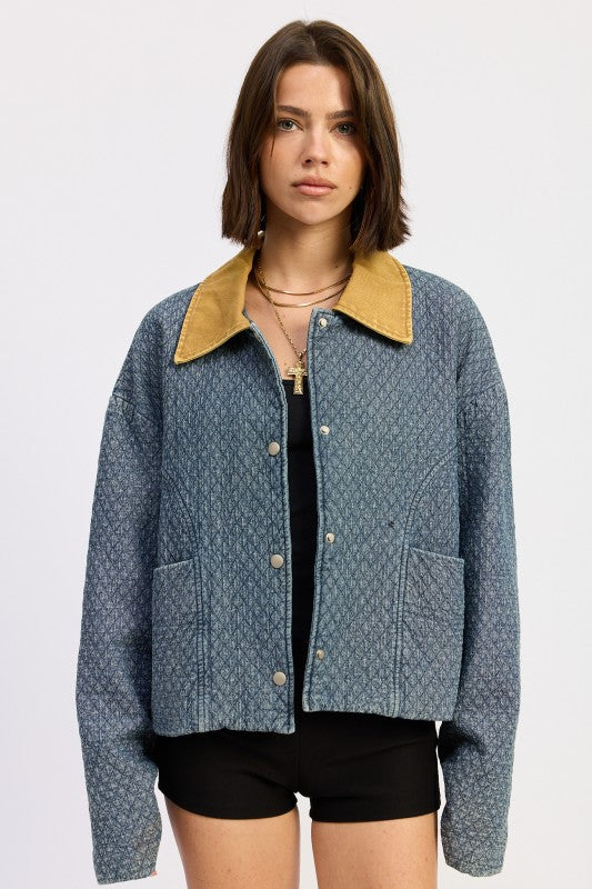 Dk Blue Wool Tweed Snap Jacket With Contrasted Collar