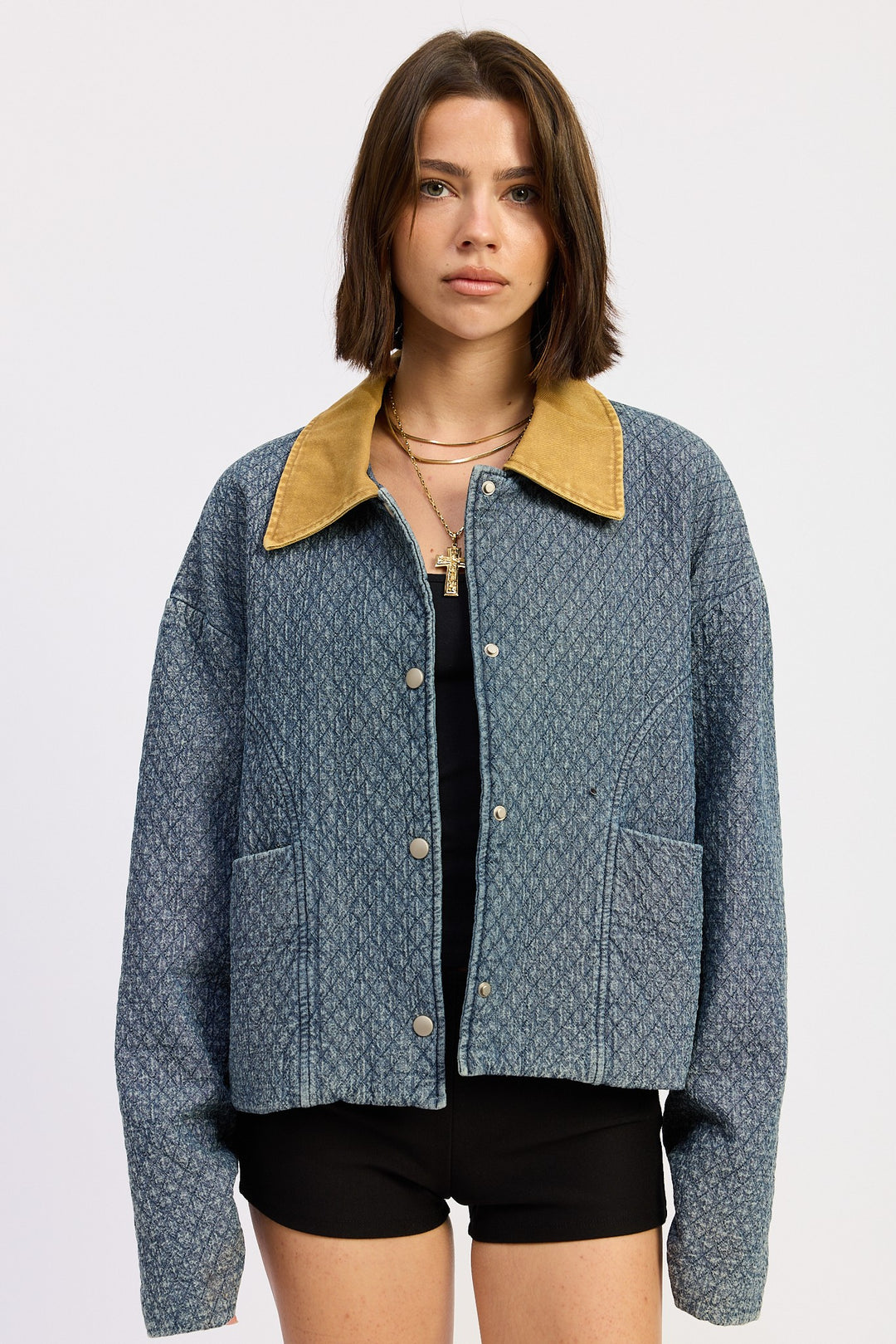 Dk Blue Wool Tweed Snap Jacket With Contrasted Collar