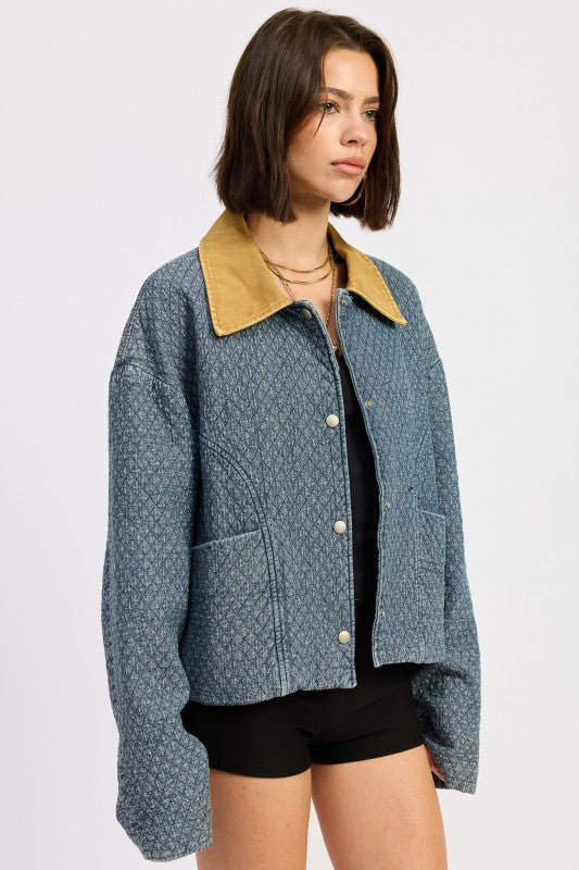 Wool Tweed Snap Jacket With Contrasted Collar
