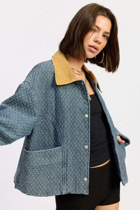 Wool Tweed Snap Jacket With Contrasted Collar