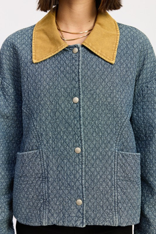 Wool Tweed Snap Jacket With Contrasted Collar