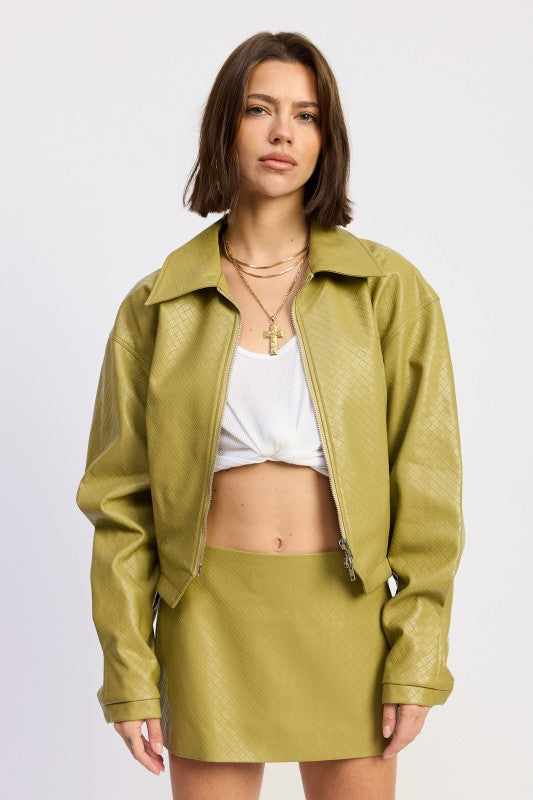 Chartreuse Cropped Jacket With Collar And Zipper