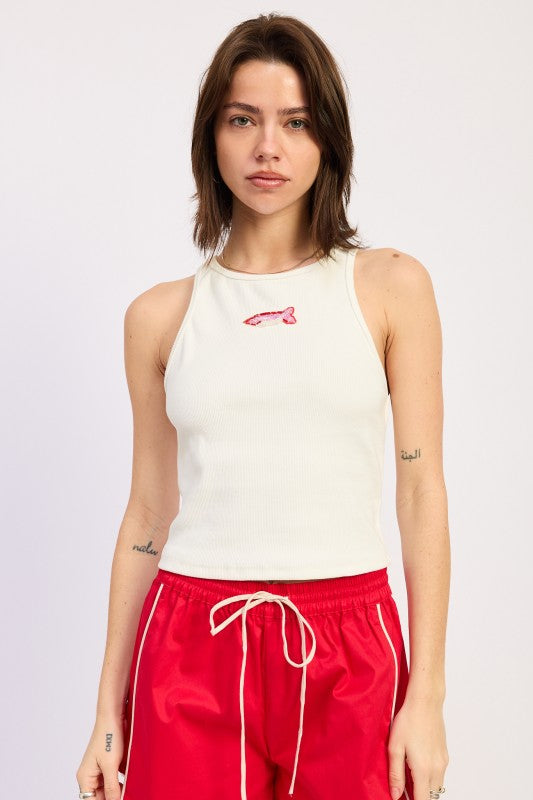 Off White Pink Multi Racer Back Tank Top Wtih Beading