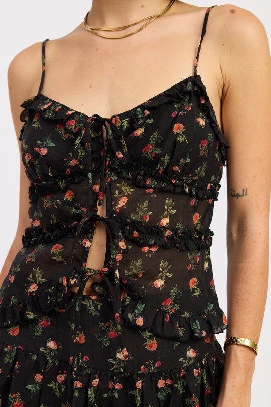 Ivory Floral Ruffled Cami Top With Front Tie