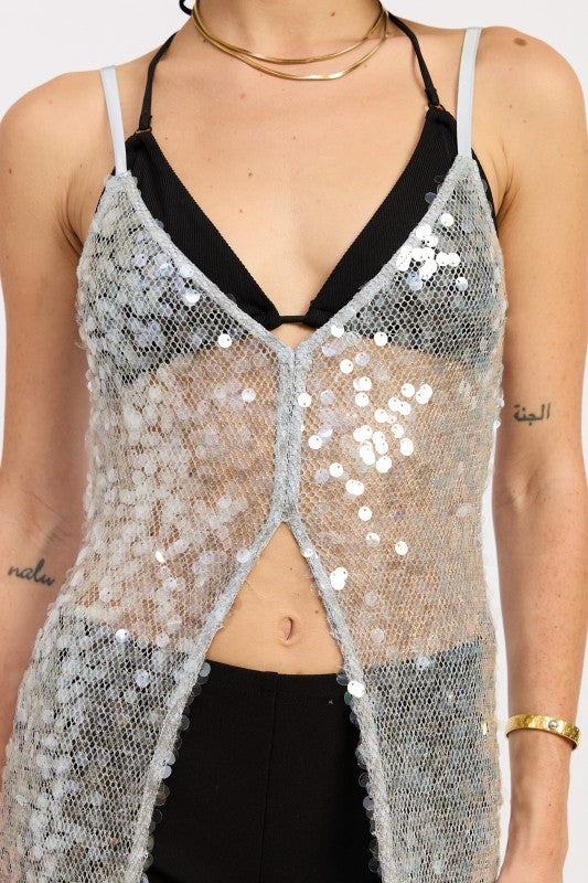 Charcoal Sequined Maxi Split Hem Coverup