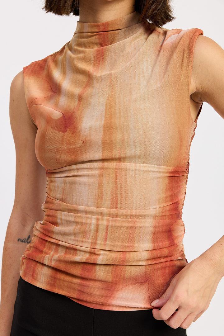 Light Terra Cota Mock Neck Mesh Top