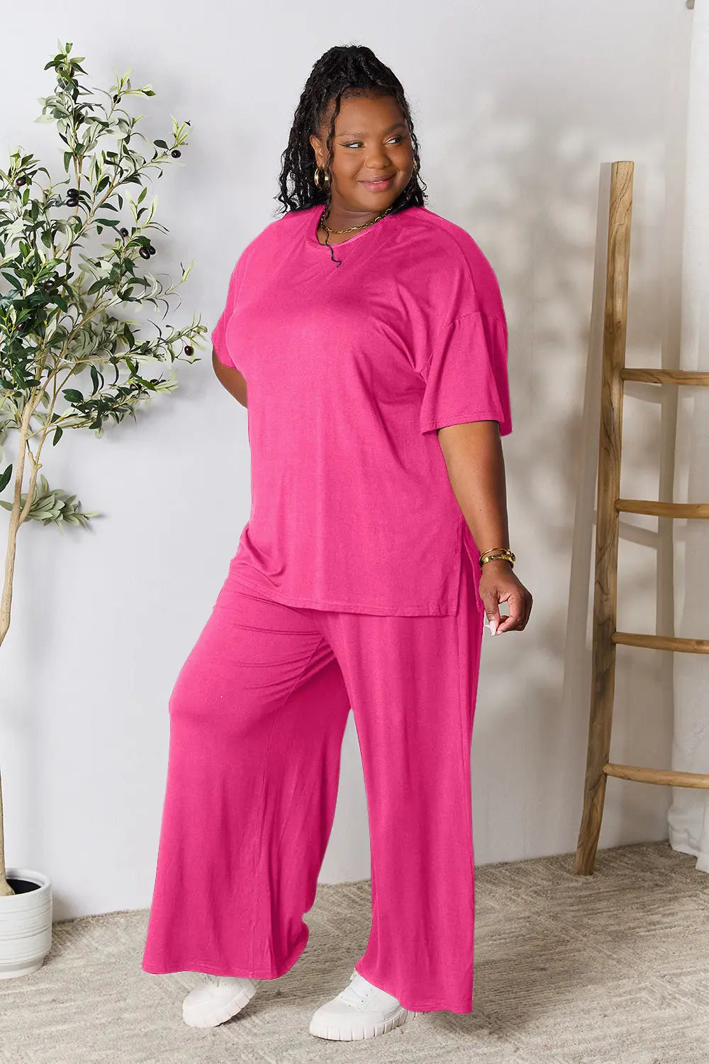 Hot Pink Double Take Full Size Round Neck Slit Top And Pants Set