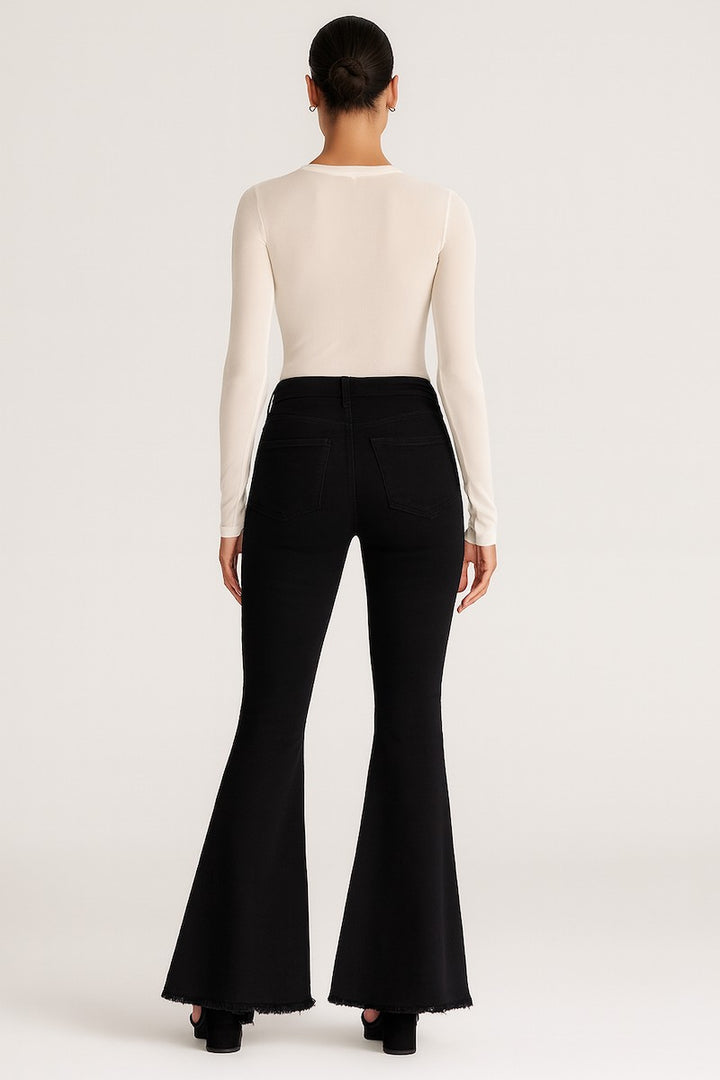 Blac- Long Inseam 34" Black Flare Jeans With Stud Details